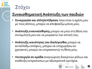 Στόχοι
Συναισθηματική Ανάπτυξη των παιδιών
• Συνεργασία και αλληλεπίδραση ποια είναι η σχέση μου
με τους άλλους; μπορώ να αποφασίζω μόνος μου;
• Ανάπτυξη ενσυναίσθησης μπορώ να μπώ στη θέση του
συνομιλητή μου και να μοιραστώ την οπτική του;
• Ανάπτυξη ικανότητας του διαλέγεσθαι μπορώ να
ανταλλάξω απόψεις; μπορώ να υποχωρήσω αν
χρειαστεί; μπορώ να υπερασπιστώ τη θέση μου;
• Λειτουργία σε ομάδα αναγνώριση διακριτών ρόλων και
ανάδειξη εκπροσώπων με αξιοκρατικά κριτήρια.
 