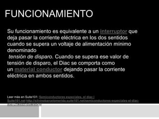 FUNCIONAMIENTO
Su funcionamiento es equivalente a un interruptor que
deja pasar la corriente eléctrica en los dos sentidos
cuando se supera un voltaje de alimentación mínimo
denominado
 tensión de disparo. Cuando se supera ese valor de
tensión de disparo, el Diac se comporta como
un material conductor dejando pasar la corriente
eléctrica en ambos sentidos.


Leer más en Suite101: Semiconductores especiales, el diac |
Suite101.net http://silvinobarcelomerida.suite101.net/semiconductores-especiales-el-diac-
a50721#ixzz1bSMVoPi0
 