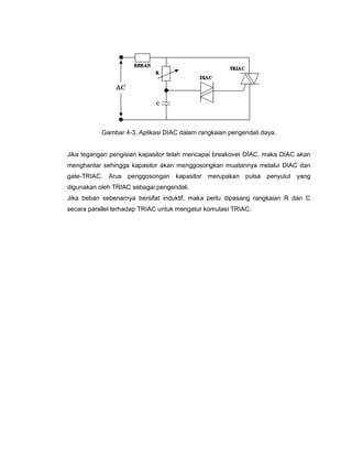 Gambar 4-3. Aplikasi DIAC dalam rangkaian pengendali daya.


Jika tegangan pengisian kapasitor telah mencapai breakover DIAC, maka DIAC akan
menghantar sehingga kapasitor akan menggosongkan muatannya melalui DIAC dan
gate-TRIAC. Arus penggosongan kapasitor merupakan pulsa penyulut yang
digunakan oleh TRIAC sebagai pengendali.
Jika beban sebenarnya bersifat induktif, maka perlu dipasang rangkaian R dan C
secara parallel terhadap TRIAC untuk mengatur komutasi TRIAC.
 