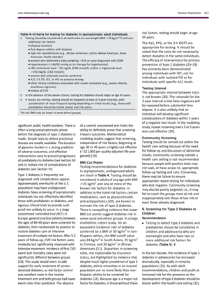 signiﬁcant public health burdens. There is
often a long presymptomatic phase
before the diagnosis of type 2 diabetes is
made. Simple tests to detect preclinical
disease are readily available. The duration
of glycemic burden is a strong predictor
of adverse outcomes, and effective
interventions exist to prevent progression
of prediabetes to diabetes (see Section IV)
and to reduce risk of complications of
diabetes (see Section VI).
Type 2 diabetes is frequently not
diagnosed until complications appear.
Approximately one-fourth of the U.S.
population may have undiagnosed
diabetes. Mass screening of asymptomatic
individuals has not effectively identiﬁed
those with prediabetes or diabetes, and
rigorous clinical trials to provide such
proof are unlikely to occur. In a large
randomized controlled trial (RCT) in
Europe, general practice patients between
the ages of 40–69 years were screened for
diabetes, then randomized by practice to
routine diabetes care or intensive
treatmentofmultipleriskfactors.After5.3
years of follow-up, CVD risk factors were
modestly but signiﬁcantly improved with
intensive treatment. Incidence of ﬁrst CVD
event and mortality rates were not
signiﬁcantly different between groups
(18). This study would seem to add
support for early treatment of screen-
detected diabetes, as risk factor control
was excellent even in the routine
treatment arm and both groups had lower
event rates than predicted. The absence
of a control unscreened arm limits the
ability to deﬁnitely prove that screening
impacts outcomes. Mathematical
modeling studies suggest that screening,
independent of risk factors, beginning at
age 30 or 45 years is highly cost-effective
(,$11,000 per quality-adjusted life-year
gained) (19).
BMI Cut Points
Testing recommendations for diabetes
in asymptomatic, undiagnosed adults
are listed in Table 4. Testing should be
considered in adults of any age with BMI
$25 kg/m2
and one or more of the
known risk factors for diabetes. In
addition to the listed risk factors, certain
medications, such as glucocorticoids
and antipsychotics (20), are known to
increase the risk of type 2 diabetes.
There is compelling evidence that lower
BMI cut points suggest diabetes risk in
some racial and ethnic groups. In a large
multiethnic cohort study, for an
equivalent incidence rate of diabetes
conferred by a BMI of 30 kg/m2
in non-
Hispanic whites, the BMI cutoff value
was 24 kg/m2
in South Asians, 25 kg/m2
in Chinese, and 26 kg/m2
in African
Americans (21). Disparities in screening
rates, not explainable by insurance
status, are highlighted by evidence that
despite much higher prevalence of type 2
diabetes, ethnic minorities in an insured
population are no more likely than non-
Hispanic whites to be screened for
diabetes (22). Because age is a major risk
factorfor diabetes, inthose withoutthese
risk factors, testing should begin at age
45 years.
The A1C, FPG, or the 2-h OGTT are
appropriate for testing. It should be
noted that the tests do not necessarily
detect diabetes in the same individuals.
The efﬁcacy of interventions for primary
prevention of type 2 diabetes (23–29)
has primarily been demonstrated
among individuals with IGT, not for
individuals with isolated IFG or for
individuals with speciﬁc A1C levels.
Testing Interval
The appropriate interval between tests
is not known (30). The rationale for the
3-year interval is that false negatives will
be repeated before substantial time
elapses. It is also unlikely that an
individual will develop signiﬁcant
complications of diabetes within 3 years
of a negative test result. In the modeling
study, repeat screening every 3 or 5 years
was cost-effective (19).
Community Screening
Testing should be carried out within the
health care setting because of the need
for follow-up and discussion of abnormal
results. Community screening outside a
health care setting is not recommended
because people with positive tests may
not seek, or have access to, appropriate
follow-up testing and care. Conversely,
there may be failure to ensure
appropriate repeat testing for individuals
who test negative. Community screening
may also be poorly targeted; i.e., it may
fail to reach the groups most at risk and
inappropriately test those at low risk or
even those already diagnosed.
B. Screening for Type 2 Diabetes in
Children
Recommendation
c Testing to detect type 2 diabetes and
prediabetes should be considered in
children and adolescents who are
overweight and who have two or
more additional risk factors for
diabetes (Table 5). E
In the last decade, the incidence of type 2
diabetes in adolescents has increased
dramatically, especially in minority
populations (31). As with adult
recommendations, children and youth at
increased risk for the presence or the
development oftype 2 diabetes should be
tested within the health care setting (32).
Table 4—Criteria for testing for diabetes in asymptomatic adult individuals
1. Testing should be considered in all adults who are overweight (BMI $25 kg/m2
*) and have
additional risk factors:
c physical inactivity
c ﬁrst-degree relative with diabetes
c high-risk race/ethnicity (e.g., African American, Latino, Native American, Asian
American, Paciﬁc Islander)
c women who delivered a baby weighing .9 lb or were diagnosed with GDM
c hypertension ($140/90 mmHg or on therapy for hypertension)
c HDL cholesterol level ,35 mg/dL (0.90 mmol/L) and/or a triglyceride level
.250 mg/dL (2.82 mmol/L)
c women with polycystic ovarian syndrome
c A1C $5.7%, IGT, or IFG on previous testing
c other clinical conditions associated with insulin resistance (e.g., severe obesity,
acanthosis nigricans)
c history of CVD
2. In the absence of the above criteria, testing for diabetes should begin at age 45 years.
3. If results are normal, testing should be repeated at least at 3-year intervals, with
consideration of more frequent testing depending on initial results (e.g., those with
prediabetes should be tested yearly) and risk status.
*At-risk BMI may be lower in some ethnic groups.
care.diabetesjournals.org Position Statement S17
 