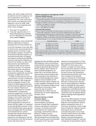weeks, even within ranges previously
considered normal for pregnancy. For
most complications, there was no
threshold for risk. These results have
led to careful reconsideration of the
diagnostic criteria for GDM. GDM
screening can be accomplished with
either of two strategies:
1. “One-step” 2-h 75-g OGTT or
2. “Two-step” approach with a 1-h
50-g (nonfasting) screen followed
by a 3-h 100-g OGTT for those who
screen positive (Table 6)
Different diagnostic criteria will identify
different magnitudes of maternal
hyperglycemia and maternal/fetal risk.
In the 2011 Standards of Care (44), ADA
for the ﬁrst time recommended that all
pregnant women not known to have
prior diabetes undergo a 75-g OGTT at
24–28 weeks of gestation based on an
International Association of Diabetes
and Pregnancy Study Groups (IADPSG)
consensus meeting (45). Diagnostic cut
points for the fasting, 1-h, and 2-h PG
measurements were deﬁned that
conveyed an odds ratio for adverse
outcomes of at least 1.75 compared
with women with the mean glucose
levels in the HAPO study, a strategy
anticipated to signiﬁcantly increase the
prevalence of GDM (from 5–6% to
;15–20%), primarily because only one
abnormal value, not two, is sufﬁcient to
make the diagnosis. ADA recognized
that the anticipated increase in the
incidence of GDM diagnosed by these
criteria would have signiﬁcant impact on
the costs, medical infrastructure
capacity, and potential for increased
“medicalization” of pregnancies
previously categorized as normal, but
recommended these diagnostic criteria
changes in the context of worrisome
worldwide increases in obesity and
diabetes rates with the intent of
optimizing gestational outcomes for
women and their babies. It is important
to note that 80–90% of women in both
of the mild GDM studies (whose glucose
values overlapped with the thresholds
recommended herein) could be
managed with lifestyle therapy alone.
The expected beneﬁts to these
pregnancies and offspring are inferred
from intervention trials that focused on
women with lower levels of
hyperglycemia than identiﬁed using older
GDM diagnostic criteria and that found
modest beneﬁts including reduced rates
of large-for-gestational-age (LGA) births
(46,47). However, while treatment of
lower threshold hyperglycemia can
reduce LGA, it has not been shown to
reduce primary cesarean delivery rates.
Data are lacking on how treatment of
lower threshold hyperglycemia impacts
prognosis of future diabetes for the
mother and future obesity, diabetes risk,
or other metabolic consequences for the
offspring. The frequency of follow-up and
blood glucose monitoring for these
women has also not yet been
standardized, but is likely to be less
intensive than for women diagnosed by
the older criteria.
National Institutes of Health
Consensus Report
Since this initial IADPSG
recommendation, the National
Institutes of Health (NIH) completed a
consensus development conference
involving a 15-member panel with
representatives from obstetrics/
gynecology, maternal-fetal medicine,
pediatrics, diabetes research,
biostatistics, and other related ﬁelds
(48). Reviewing the same available data,
the NIH consensus panel recommended
continuation of the “two-step”
approach of screening with a 1-h 50-g
glucose load test (GLT) followed by a 3-h
100-g OGTT for those who screen
positive, a strategy commonly used in
the U.S. Key factors reported in the NIH
panel’s decision-making process were
the lack of clinical trial interventions
demonstrating the beneﬁts of the “one-
step” strategy and the potential
negative consequences of identifying a
large new group of women with GDM.
Moreover, screening with a 50-g GLT
does not require fasting and is therefore
easier to accomplish for many women.
Treatment of higher threshold maternal
hyperglycemia, as identiﬁed by the two-
step approach, reduces rates of neonatal
macrosomia, LGA, and shoulder dystocia,
without increasing small-for-gestational-
age births (49).
How do two different groups of experts
arrive at different GDM screening and
diagnosis recommendations? Because
glycemic dysregulation exists on a
continuum, the decision to pick a single
binary threshold for diagnosis requires
balancing the harms and beneﬁts
associated with greater versus lesser
sensitivity. While data from the HAPO
study demonstrated a correlation
between increased fasting glucose
levels identiﬁed through the “one-step”
strategy with increased odds for adverse
Table 6—Screening for and diagnosis of GDM
“One-step” (IADPSG consensus)
Perform a 75-g OGTT, with plasma glucose measurement fasting and at 1 and 2 h, at
24–28 weeks of gestation in women not previously diagnosed with overt diabetes.
The OGTT should be performed in the morning after an overnight fast of at least 8 h.
The diagnosis of GDM is made when any of the following plasma glucose values are exceeded:
c Fasting: $92 mg/dL (5.1 mmol/L)
c 1 h: $180 mg/dL (10.0 mmol/L)
c 2 h: $153 mg/dL (8.5 mmol/L)
“Two-step” (NIH consensus)
Perform a 50-g GLT (nonfasting), with plasma glucose measurement at 1 h (Step 1), at
24–28 weeks of gestation in women not previously diagnosed with overt diabetes.
If the plasma glucose level measured 1 h after the load is $140 mg/dL* (7.8 mmol/L), proceed to
100-g OGTT (Step 2). The 100-g OGTT should be performed when the patient is fasting.
The diagnosis of GDM is made when at least two of the following four plasma glucose levels
(measured fasting, 1 h, 2 h, 3 h after the OGTT) are met or exceeded:
Carpenter/Coustan or NDDG
c Fasting 95 mg/dL (5.3 mmol/L) 105 mg/dL (5.8 mmol/L)
c 1 h 180 mg/dL (10.0 mmol/L) 190 mg/dL (10.6 mmol/L)
c 2 h 155 mg/dL (8.6 mmol/L) 165 mg/dL (9.2 mmol/L)
c 3 h 140 mg/dL (7.8 mmol/L) 145 mg/dL (8.0 mmol/L)
NDDG, National Diabetes Data Group. *The American College of Obstetricians and
Gynecologists (ACOG) recommends a lower threshold of 135 mg/dL (7.5 mmol/L) in high-risk
ethnic minorities with higher prevalence of GDM; some experts also recommend 130 mg/dL
(7.2 mmol/L).
care.diabetesjournals.org Position Statement S19
 