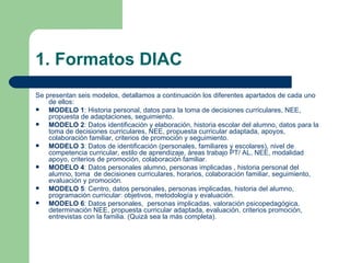 1. Formatos DIAC
Se presentan seis modelos, detallamos a continuación los diferentes apartados de cada uno
    de ellos:
   MODELO 1: Historia personal, datos para la toma de decisiones curriculares, NEE,
    propuesta de adaptaciones, seguimiento.
   MODELO 2: Datos identificación y elaboración, historia escolar del alumno, datos para la
    toma de decisiones curriculares, NEE, propuesta curricular adaptada, apoyos,
    colaboración familiar, criterios de promoción y seguimiento.
   MODELO 3: Datos de identificación (personales, familiares y escolares), nivel de
    competencia curricular, estilo de aprendizaje, áreas trabajo PT/ AL, NEE, modalidad
    apoyo, criterios de promoción, colaboración familiar.
   MODELO 4: Datos personales alumno, personas implicadas , historia personal del
    alumno, toma de decisiones curriculares, horarios, colaboración familiar, seguimiento,
    evaluación y promoción.
   MODELO 5: Centro, datos personales, personas implicadas, historia del alumno,
    programación curricular: objetivos, metodología y evaluación.
   MODELO 6: Datos personales, personas implicadas, valoración psicopedagógica,
    determinación NEE, propuesta curricular adaptada, evaluación, criterios promoción,
    entrevistas con la familia. (Quizá sea la más completa).
 