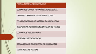 PRATICA TERRENA ADMINISTRATIVA
CUIDAR DOS CARROS NO PATIO DA IGREJA LOCAL
LIMPAR AS DEPENDENCIAS DA IGREJA LOCAL
ZELAR DO PATRIMONIO MATERIAL DA IGREJA LOCAL
RECEPCIONAR AS PESSOAS NA ENTRADA DO TEMPLO
CUIDAR DOS NESCESSITADOS
PRESTAR ASSISTENCIA SOCIAL
ORNAMENTAR O TEMPLO PARA AS CELEBRAÇÕES
SERVIR AGUA AS PESSOAS
 