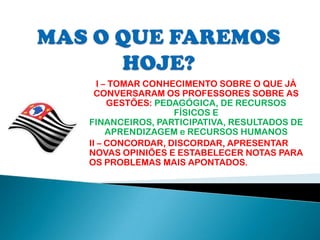 I – TOMAR CONHECIMENTO SOBRE O QUE JÁ
CONVERSARAM OS PROFESSORES SOBRE AS
GESTÕES: PEDAGÓGICA, DE RECURSOS
FÍSICOS E
FINANCEIROS, PARTICIPATIVA, RESULTADOS DE
APRENDIZAGEM e RECURSOS HUMANOS
II – CONCORDAR, DISCORDAR, APRESENTAR
NOVAS OPINIÕES E ESTABELECER NOTAS PARA
OS PROBLEMAS MAIS APONTADOS.

 