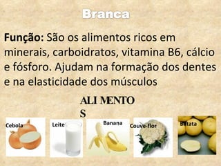 Função:  São os alimentos ricos em minerais, carboidratos, vitamina B6, cálcio e fósforo. Ajudam na formação dos dentes e na elasticidade dos músculos ALIMENTOS Cebola Couve-flor Batata Banana Leite 