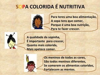S O P A COLORIDA É NUTRITIVA Os meninos de todas as cores, São todos meninos diferentes, Se comerem os alimentos coloridos, Fortalecem as mentes. Para teres uma boa alimentação, A sopa tens que comer, Porque é uma boa nutrição, Para te fazer crescer. A qualidade da sopinha, É importante  para crescer, Quanto mais colorida, Mais apetece comer. 