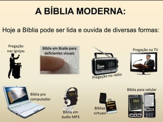 A BÍBLIA MODERNA:
Hoje a Bíblia pode ser lida e ouvida de diversas formas:

  Pregação
                    Bíblia em Braile para                 Pregação na TV
 nas Igrejas
                     deficientes visuais




                                                       Bíblia para celular
               Bíblia pra
               computador

                                            Bíblias
                                Bíblia em   virtuais
                               áudio MP3
 
