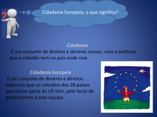 Cidadania Europeia, o que significa?
Cidadania
É um conjunto de direitos e deveres sociais, civis e políticos
que o cidadão tem no país onde vive.
Cidadania Europeia
É um conjunto de deveres e direitos
especiais que os cidadãos dos 28 países
que fazem parte da UE têm, pelo facto de
pertencerem a esta equipa.
 