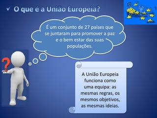 É um conjunto de 27 países que
se juntaram para promover a paz
e o bem estar das suas
populações.
A União Europeia
funciona como
uma equipa: as
mesmas regras, os
mesmos objetivos,
as mesmas ideias.
 