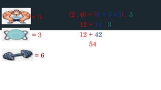 = 5
= 3
= 6
(2 . 6) + (6 + 5 +3) . 3
12 + 14 . 3
12 + 42
54
 