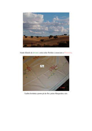 Ainda falando de árvores: estas estão floridas e anunciam a Primavera.
Toalha bordada a ponto pé de flor, ponto Margarida e nós.
 