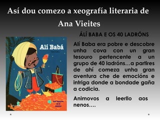 Así dou comezo a xeografía literaria de
Ana Vieites
ÁLÍ BABA E OS 40 LADRÓNS
Alí Baba era pobre e descobre
unha cova con un gran
tesouro pertencente a un
grupo de 40 ladróns…a partires
de ahí comeza unha gran
aventura che de emocións e
intriga donde a bondade gaña
a codicia.
Animovos a leerllo aos
nenos….
 