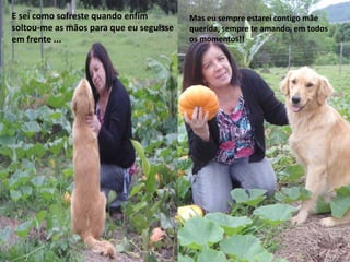 E sei como sofreste quando enfim
soltou-me as mãos para que eu seguisse
em frente ...
Mas eu sempre estarei contigo mãe
querida, sempre te amando, em todos
os momentos!!
 