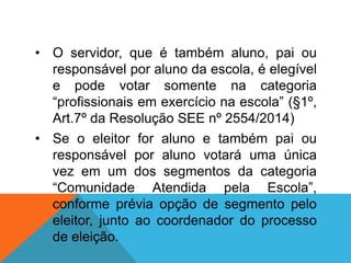 • O servidor, que é também aluno, pai ou
responsável por aluno da escola, é elegível
e pode votar somente na categoria
“profissionais em exercício na escola” (§1º,
Art.7º da Resolução SEE nº 2554/2014)
• Se o eleitor for aluno e também pai ou
responsável por aluno votará uma única
vez em um dos segmentos da categoria
“Comunidade Atendida pela Escola”,
conforme prévia opção de segmento pelo
eleitor, junto ao coordenador do processo
de eleição.
 