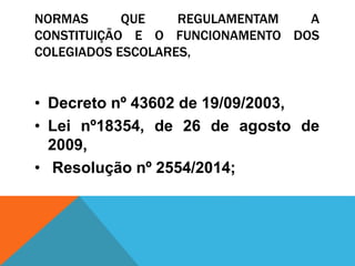 NORMAS QUE REGULAMENTAM A
CONSTITUIÇÃO E O FUNCIONAMENTO DOS
COLEGIADOS ESCOLARES,
• Decreto nº 43602 de 19/09/2003,
• Lei nº18354, de 26 de agosto de
2009,
• Resolução nº 2554/2014;
 