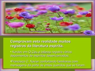 Comprovam esta realidade muitos registros da literatura espírita. Kardec em  O Céu e Inferno  registra vários depoimentos de espíritos desencarnados;  Francisco C. Xavier confortando familiares com mensagens da parte de entes queridos que se foram.  