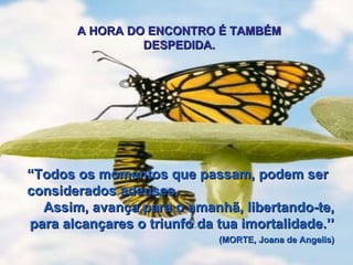 A HORA DO ENCONTRO É TAMBÉM DESPEDIDA. “ Todos os momentos que passam, podem ser considerados adeuses. Assim, avança para o amanhã, libertando-te, para alcançares o triunfo da tua imortalidade.’’   (MORTE, Joana de Angelis) 