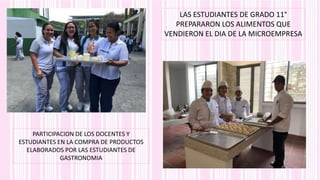 LAS ESTUDIANTES DE GRADO 11°
PREPARARON LOS ALIMENTOS QUE
VENDIERON EL DIA DE LA MICROEMPRESA
PARTICIPACION DE LOS DOCENTES Y
ESTUDIANTES EN LA COMPRA DE PRODUCTOS
ELABORADOS POR LAS ESTUDIANTES DE
GASTRONOMIA
 