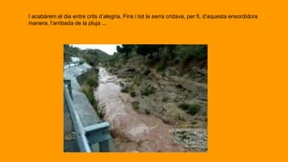 I acabàrem el dia entre crits d’alegria. Fins i tot la serra cridava, per fi, d’aquesta ensordidora
manera, l’arribada de la pluja ...
 