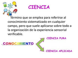 CIENCIA
Término que se emplea para referirse al
conocimiento sistematizado en cualquier
campo, pero que suele aplicarse sobre todo a
la organización de la experiencia sensorial
verificable.
CIENCIA PURA
CIENCIA APLICADA
 
