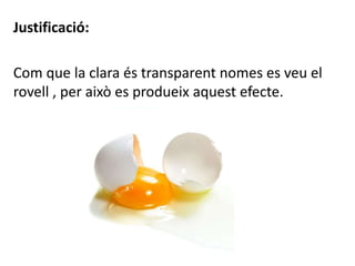 Justificació:
Com que la clara és transparent nomes es veu el
rovell , per això es produeix aquest efecte.
 