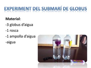 Material:
-3 globus d’aigua
-1 rosca
-1 ampolla d’aigua
-aigua
 