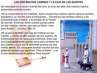 LOS DOS MACHOS CABRÍOS Y LA CAJA DE LAS SUERTES
Se colocaban en el sector oriental del atrio, al norte del altar, dos machos cabríos
preparados para las suertes:
“De la comunidad de los israelitas, Aarón tomará dos machos cabríos para el sacrificio
expiatorio y un carnero para el holocausto... Tomará los dos machos cabríos y los
presentará ante el Señor, a la entrada de la Tienda
de reunión. Entonces Aarón echará suertes sobre
los dos machos cabríos, uno para el Señor y otro
para Azazel...“ (Levítico 16:5, 8)
Allí se ponía también una caja de madera con las
suertes, y dentro de ella estaban las dos suertes, de
conformidad con los versículos anteriores. Esta caja
era lo suficientemente grande como para contener las
dos suertes y para que el sacerdote pusiera sus dos
manos dentro. En una suerte estaban escritas las dos
palabras hebreas que significan “Para el Señor", y en
la otra estaba escrita la palabra "Para Azazel".
 