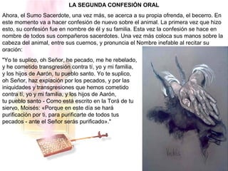 LA SEGUNDA CONFESIÓN ORAL
Ahora, el Sumo Sacerdote, una vez más, se acerca a su propia ofrenda, el becerro. En
este momento va a hacer confesión de nuevo sobre el animal. La primera vez que hizo
esto, su confesión fue en nombre de él y su familia. Esta vez la confesión se hace en
nombre de todos sus compañeros sacerdotes. Una vez más coloca sus manos sobre la
cabeza del animal, entre sus cuernos, y pronuncia el Nombre inefable al recitar su
oración:
"Yo te suplico, oh Señor, he pecado, me he rebelado,
y he cometido transgresión contra tí, yo y mi familia,
y los hijos de Aarón, tu pueblo santo. Yo te suplico,
oh Señor, haz expiación por los pecados, y por las
iniquidades y transgresiones que hemos cometido
contra tí, yo y mi familia, y los hijos de Aarón,
tu pueblo santo - Como está escrito en la Torá de tu
siervo, Moisés: «Porque en este día se hará
purificación por ti, para purificarte de todos tus
pecados - ante el Señor serás purificado»."
 