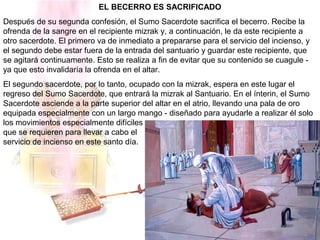 EL BECERRO ES SACRIFICADO
Después de su segunda confesión, el Sumo Sacerdote sacrifica el becerro. Recibe la
ofrenda de la sangre en el recipiente mizrak y, a continuación, le da este recipiente a
otro sacerdote. El primero va de inmediato a prepararse para el servicio del incienso, y
el segundo debe estar fuera de la entrada del santuario y guardar este recipiente, que
se agitará continuamente. Esto se realiza a fin de evitar que su contenido se cuagule -
ya que esto invalidaría la ofrenda en el altar.
El segundo sacerdote, por lo tanto, ocupado con la mizrak, espera en este lugar el
regreso del Sumo Sacerdote, que entrará la mizrak al Santuario. En el ínterin, el Sumo
Sacerdote asciende a la parte superior del altar en el atrio, llevando una pala de oro
equipada especialmente con un largo mango - diseñado para ayudarle a realizar él solo
los movimientos especialmente difíciles
que se requieren para llevar a cabo el
servicio de incienso en este santo día.
 