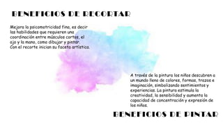 BENEFICIOS DE RECORTAR
BENEFICIOS DE PINTAR
Mejora la psicomotricidad fina, es decir
las habilidades que requieren una
coordinación entre músculos cortos, el
ojo y la mano, como dibujar y pintar.
Con el recorte inician su faceta artística.
A través de la pintura los niños descubren a
un mundo lleno de colores, formas, trazos e
imaginación, simbolizando sentimientos y
experiencias. La pintura estimula la
creatividad, la sensibilidad y aumenta la
capacidad de concentración y expresión de
los niños.
 