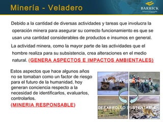 DESARROLLO SUSTENTABLE
MINERÍA RESPONSABLE
Debido a la cantidad de diversas actividades y tareas que involucra la
operación minera para asegurar su correcto funcionamiento es que se
usan una cantidad considerables de productos e insumos en general.
La actividad minera, como la mayor parte de las actividades que el
hombre realiza para su subsistencia, crea alteraciones en el medio
natural. (GENERA ASPECTOS E IMPACTOS AMBIENTALES)
Estos aspectos que hace algunos años
no se tomaban como un factor de riesgo
para el futuro de la humanidad, hoy
generan conciencia respecto a la
necesidad de identificarlos, evaluarlos,
controlarlos.
(MINERIA RESPONSABLE)
Minería - Veladero
 