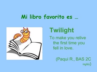 Mi libro favorito es …
          EL MÉDICO
          (Noah Gordon).
          Ich finde es sehr
           interessant. Es ist
           das beste Buch,
           das ich gelesen
           habe.
                 (M. José, NB1 alemán)
 