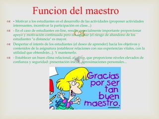 
 - Motivar a los estudiantes en el desarrollo de las actividades (proponer actividades
interesantes, incentivar la participación en clase...)
 - En el caso de estudiantes on-line, resulta especialmente importante proporcionar
apoyo y motivación continuada pero sin agobiar (el riesgo de abandono de los
estudiantes "a distancia" es mayor.
 Despertar el interés de los estudiantes (el deseo de aprender) hacia los objetivos y
contenidos de la asignatura (establecer relaciones con sus experiencias vitales, con la
utilidad que obtendrán...). Y mantenerlo.
 - Establecer un buen clima relacional, afectivo, que proporcione niveles elevados de
confianza y seguridad: presentación inicial, aproximaciones personales...
Funcion del maestro
 