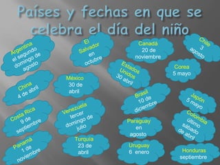 Canadá
20 de
noviembre
México
30 de
abril
Paraguay
en
agosto
Honduras
septiembre
Corea
5 mayo
Uruguay
6 enero
Turquía
23 de
abril
 