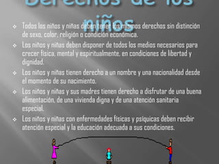  Todos los niños y niñas deben tener los mismos derechos sin distinción
de sexo, color, religión o condición económica.
 Los niños y niñas deben disponer de todos los medios necesarios para
crecer física, mental y espiritualmente, en condiciones de libertad y
dignidad.
 Los niños y niñas tienen derecho a un nombre y una nacionalidad desde
el momento de su nacimiento.
 Los niños y niñas y sus madres tienen derecho a disfrutar de una buena
alimentación, de una vivienda digna y de una atención sanitaria
especial.
 Los niños y niñas con enfermedades físicas y psíquicas deben recibir
atención especial y la educación adecuada a sus condiciones.
 