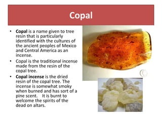 Copal
• Copal is a name given to tree
resin that is particularly
identified with the cultures of
the ancient peoples of Mexico
and Central America as an
incense.
• Copal is the traditional incense
made from the resin of the
copal tree.
• Copal incense is the dried
resin of the copal tree. The
incense is somewhat smoky
when burned and has sort of a
pine scent. It is burnt to
welcome the spirits of the
dead on altars.
 