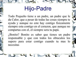 Hijo-Padre
Todo Pequeño tiene a un padre, un padre que le
da Calor, que a pesar de todas las cosas siempre te
ayuda y aunque no este hay contigo fisicamente
siempre esta contigo en el corazon, que aunque no
compartas con el, el siempre sera tu papá.
¿Bonito? Bonito es saber que tienes un padre
responsable y que con todos los obtaculos los
supero para estar contigo cuando tu mas lo
necesitas
 
