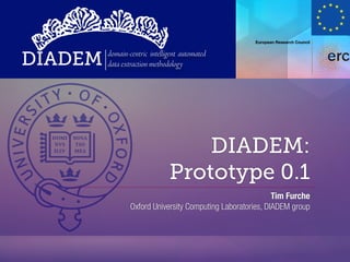 European Research Council




DIADEM   domain-centric intelligent automated
         data extraction methodology




                                   DIADEM:
                               Prototype 0.1
                                                             Tim Furche
                 Oxford University Computing Laboratories, DIADEM group
 