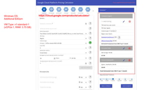 Windows OS:
Additional $30/pm
VM Type: n1-standard-1
(vCPUs:1, RAM: 3.75 GB)
https://cloud.google.com/products/calculator/
 