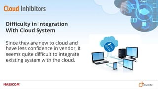 Cloud Inhibitors
Difficulty in Integration
With Cloud System
Since they are new to cloud and
have less confidence in vendor, it
seems quite difficult to integrate
existing system with the cloud.
 