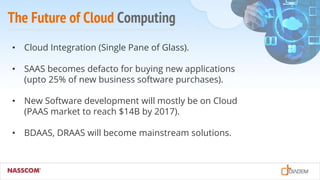 The Future of Cloud Computing
• Cloud Integration (Single Pane of Glass).
• SAAS becomes defacto for buying new applications
(upto 25% of new business software purchases).
• New Software development will mostly be on Cloud
(PAAS market to reach $14B by 2017).
• BDAAS, DRAAS will become mainstream solutions.
 