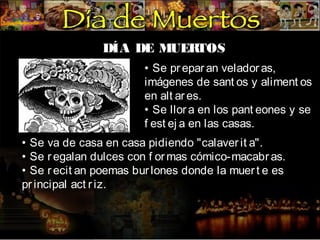 DÍA DE MUER
TOS
• Se pr epar an velador as,
imágenes de sant os y aliment os
en alt ar es.
• Se llor a en los pant eones y se
f est ej a en las casas.
• Se va de casa en casa pidiendo "calaver it a".
• Se r egalan dulces con f or mas cómico-macabr as.
• Se r ecit an poemas bur lones donde la muer t e es
pr incipal act r iz.

 