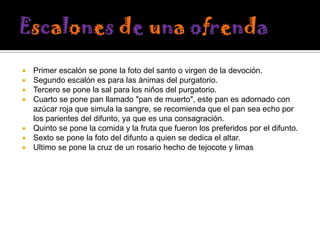 








Primer escalón se pone la foto del santo o virgen de la devoción.
Segundo escalón es para las ánimas del purgatorio.
Tercero se pone la sal para los niños del purgatorio.
Cuarto se pone pan llamado "pan de muerto", este pan es adornado con
azúcar roja que simula la sangre, se recomienda que el pan sea echo por
los parientes del difunto, ya que es una consagración.
Quinto se pone la comida y la fruta que fueron los preferidos por el difunto.
Sexto se pone la foto del difunto a quien se dedica el altar.
Ultimo se pone la cruz de un rosario hecho de tejocote y limas

 