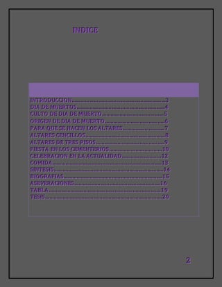 222
IIINNNDDDIIICCCEEE
IIINNNTTTRRROOODDDUUUCCCCCCIIIOOONNN………………………………………………………………………………………………………………………………………………………………………333
DDDIIIAAA DDDEEE MMMUUUEEERRRTTTOOOSSS……………………………………………………………………………………………………………………………………………………….........444
CCCUUULLLTTTOOO DDDEEE DDDIIIAAA DDDEEE MMMUUUEEERRRTTTOOO………………………………………………………………………………………………………………555
OOORRRIIIGGGEEENNN DDDEEE DDDIIIAAA DDDEEE MMMUUUEEERRRTTTOOO………………………………………………………………………………………………………......666
PPPAAARRRAAA QQQUUUEEE SSSEEE HHHAAACCCEEENNN LLLOOOSSS AAALLLTTTAAARRREEESSS………………………………………………………………………......777
AAALLLTTTAAARRREEESSS CCCEEENNNCCCIIILLLLLLOOOSSS………………………………………………………………………………………………………………………………………………888
AAALLLTTTAAARRREEESSS DDDEEE TTTRRREEESSS PPPIIISSSOOOSSS………………………………………………………………………………………………………………………......999
FFFIIIEEESSSTTTAAA EEENNN LLLOOOSSS CCCEEEMMMEEENNNTTTEEERRRIIIOOOSSS………………………………………………………………………………………………111000
CCCEEELLLEEEBBBRRRAAACCCIIIOOONNN EEENNN LLLAAA AAACCCTTTUUUAAALLLIIIDDDAAADDD………………………………………………………………………111222
CCCOOOMMMIIIDDDAAA………………………………………………………………………………………………………………………………………………………………………………………………......111333
SSSIIINNNTTTEEESSSIIISSS………………………………………………………………………………………………………………………………………………………………………………………………......111444
BBBIIIOOOGGGRRRAAAFFFIIIAAASSS………………………………………………………………………………………………………………………………………………………………………………...111555
AAASSSEEEVVVEEERRRAAACCCIIIOOONNNEEESSS………………………………………………………………………………………………………………………………………………………...111666
TTTAAABBBLLLAAA………………………………………………………………………………………………………………………………………………………………………………………………………...111999
TTTEEESSSIIISSS………………………………………………………………………………………………………………………………………………………………………………………………………………...222000
 