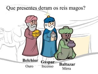 Que presentes deram os reis magos?

Belchior Gaspar
Ouro

Incenso

Baltazar
Mirra

 