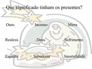Que significado tinham os presentes?

Ouro

Incenso

Mirra

Realeza

Deus

Sofrimento

Espírito

Sabedoria

Imortalidade

 