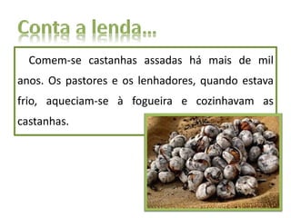 Comem-se castanhas assadas há mais de mil
anos. Os pastores e os lenhadores, quando estava
frio, aqueciam-se à fogueira e cozinhavam as
castanhas.
 