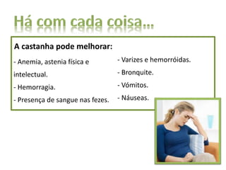 A castanha pode melhorar:
- Anemia, astenia física e
intelectual.
- Hemorragia.
- Presença de sangue nas fezes.
- Varizes e hemorróidas.
- Bronquite.
- Vómitos.
- Náuseas.
 