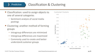 Classification	&	Clustering
§ Classification:	used	to	assign	objects	to	
one	of	several	categories
− Sentiment	analysis	of	social	media	
postings
§ Clustering:	another	method	of	forming	
groups
− Intragroup	differences	are	minimized
− Intergroup	differences	are	maximized
− Commonly	used	to	create	and	better	
understand	customer	groups
pg 20© 2017 First San Francisco Partners www.firstsanfranciscopartners.com
Predictive
 