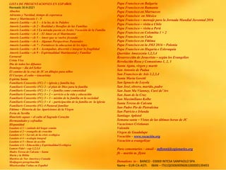 LISTA DE PRESENTACIONES EN ESPAÑOL
Revisado 30-9-2021
Abuelos
Adviento y Navidad, tiempo de esperanza
Amor y Matrimonio 1 - 9
Amoris Laetitia – ch 1 – A la luz de la Palabre
Amoris Laetitia – ch 2 – Realidad y Desafíos de las Familias
Amoris Laetitia – ch 3 La mirada puesta en Jesús: Vocación de la Familia
Amoris Laetitia – ch 4 - El Amor en el Matrimonio
Amoris Laetitia – ch 5 – Amor que se vuelve fecundo
Amoris Laetitia – ch 6 – Algunas Perspectivas Pastorales
Amoris Laetitia – ch 7 – Fortalecer la educacion de los hijos
Amoris Laetitia – ch 8 – Acompañar, discernir e integrar la fragilidad
Amoris Laetitia – ch 9 – Espiritualidad Matrimonial y Familiar
Carnaval
Cristo Vive
Dia de todos los difuntos
Domingo – día del Señor
El camino de la cruz de JC en dibujos para niños
El Cuerpo, el culto – (eucarisía)
Espíritu Santo
Familiaris Consortio (FC) 1 – iglesia y familia hoy
Familiaris Consortio (FC) 2 - el plan de Dios para la familia
Familiaris Consortio (FC) 3 – 1 – familia como comunidad
Familiaris Consortio (FC) 3 – 2 – servicio a la vida y educación
Familiaris Consortio (FC) 3 – 3 – misión de la familia en la sociedad
Familiaris Consortio (FC) 3 – 4 - participación de la familia en la iglesia
Familiaris Consortio (FC) 4 Pastoral familiar
Fátima – Historia de las Apariciones de la Virgen
Feria de Sevilla
Haurietis aquas – el culto al Sagrado Corazón
Hermandades y cofradías
Hispanidad
Laudato si 1 – cuidado del hogar común
Laudato si 2 – evangelio de creación
Laudato si 3 – La raíz de la crisis ecológica
Laudato si 4 – ecología integral
Laudato si 5 – líneas de acción
Laudato si 6 – Educación y Espiritualidad Ecológica
Lumen Fidei – cap 1,2,3,4
Madre Teresa de Calcuta – Santa
María y la Biblia
Martires de Nor America y Canada
Medjugore peregrinación
Misericordiae Vultus en Español
Papa Francisco en Bulgaria
Papa Francisco en Rumania
Papa Francisco en Marruecos
Papa Francisco en México
Papa Francisco – mensaje para la Jornada Mundial Juventud 2016
Papa Francisco – visita a Chile
Papa Francisco – visita a Perú
Papa Francisco en Colombia 1 + 2
Papa Francisco en Cuba
Papa Francisco en Fátima
Papa Francisco en la JMJ 2016 – Polonia
Papa Francisco en Hugaría e Eslovaquia
Queridas Amazoznia 1,2,3,4
Resurrección de Jesucristo – según los Evangelios
Revolución Rusa y Comunismo 1, 2, 3
Santa Agata, virgen y martir
San Antonio de Padua
San Francisco de Asis 1,2,3,4
Santa Maria Goretti
San Ignacio de Loyola
San José, obrero, marido, padre
San Juan Ma Vianney, Curé de’Ars
San Juan de la Cruz
San Maximiliano Kolbe
Santa Teresa de Calcuta
San Padre Pio de Pietralcina
San Patricio e Irlanda
Santiago Apóstol
Semana santa – Vistas de las últimas horas de JC
Vacaciones Cristianas
Valentín
Virgen de Guadalupe
Vocación – www.vocación.org
Vocación a evangelizar
Para comentarios – email – mflynn@lcegionaries.org
fb – martin m. flynn
Donations to - BANCO - 03069 INTESA SANPAOLO SPA
Name – EUR-CA-ASTI. IBAN – IT61Q0306909606100000139493
 